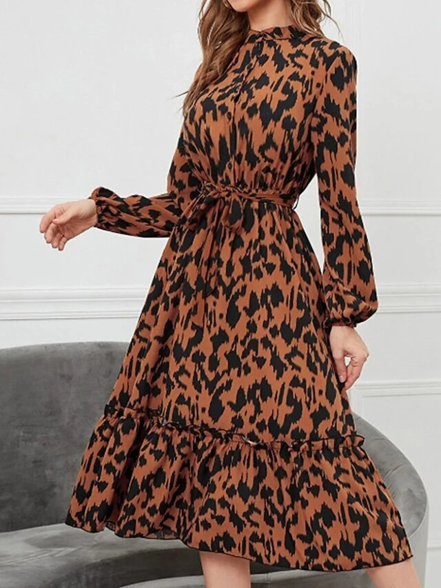 Women's Work Dress Casual Dress Semi Formal Dress Fashion Office Daily Midi Dress Lace Up Ruffle Stand Collar Long Sleeve Leopard Loose Fit Orange Apricot Fall Winter S M L XL 7 Women's Work Dress Casual Dress Semi Formal Dress Fashion Office Daily Midi Dress Lace Up Ruffle Stand Collar Long Sleeve Leopard Loose Fit Orange Apricot Fall Winter S M L XL - Image 7