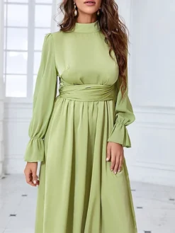 Women's Prom Dress Party Dress Satin Dress Long Dress Maxi Dress Green Long Sleeve Pure Color Strappy Spring Fall Winter Stand Collar Fashion Winter Dress Evening Party Wedding Guest 2023 S M L XL -Party Prom Dresses Sales Store manxtr1693390905473
