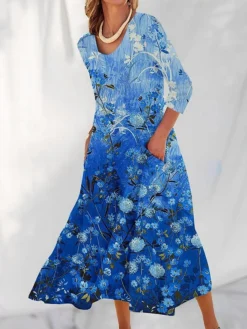 Women's Casual Dress Cotton Linen Dress Swing Dress Maxi Long Dress Polyester Fashion Casual Daily Outdoor Daily Vacation V Neck Pocket Print Long Sleeve Summer Spring Fall 2023 Loose Fit Light Green -Party Prom Dresses Sales Store mbciyq1690539145805