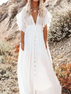 Women's Normal Party Dress White Dress Long Dress Maxi Dress Black White Army Green Long Sleeve Pure Color Button Summer Spring Fall Plunge Vacation One-Size