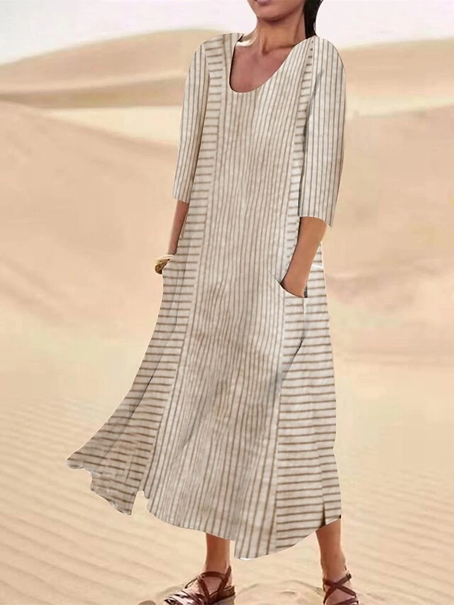 Women's Casual Dress Cotton Linen Dress Midi Dress Polyester Fashion Casual Daily Outdoor Daily Vacation Crew Neck Pocket Print Half Sleeve Summer Spring Fall 2023 Loose Fit Blue Purple Green 3 Women's Casual Dress Cotton Linen Dress Midi Dress Polyester Fashion Casual Daily Outdoor Daily Vacation Crew Neck Pocket Print Half Sleeve Summer Spring Fall 2023 Loose Fit Blue Purple Green - Image 3