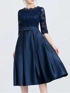 Women‘s Party Dress Wedding Guest Dress Lace Dress Swing Dress Midi Dress Navy Blue 3/4 Length Sleeve Pure Color Lace Winter Fall Spring Crew Neck Fashion Party Spring Dress 2023 XS S M L XL XXL 3XL -Party Prom Dresses Sales Store mbuctl1672050518373