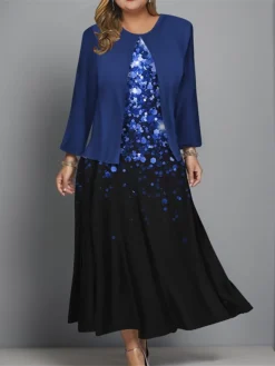 Women's Plus Size Two Piece Dress Set Casual Dress Swing Dress Outdoor Office Fashion Streetwear Print Midi Dress Crew Neck Long Sleeve Ombre Regular Fit Wine Navy Blue Blue Fall Winter L XL XXL 3XL -Party Prom Dresses Sales Store mbzsuh1697681150885