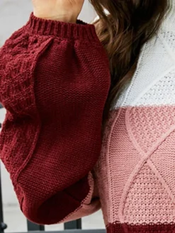 Women's Sweater Dress Jumper Dress Casual Dress Midi Dress Fashion Color Block Outdoor Holiday Vacation Going Out Round Neck Long Sleeve Patchwork 2023 Loose Fit Wine Khaki S M L XL -Party Prom Dresses Sales Store mcixsl1697537960764