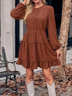 Women's Work Dress Casual Dress Fashion Winter Dress Daily Mini Dress Ruched Ruffle Crew Neck Long Sleeve Plain Loose Fit Brown Army Green Apricot Fall Winter S M L XL -Party Prom Dresses Sales Store mcpbem1695645252516