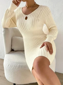 Women's Sweater Dress Jumper Dress Casual Dress Mini Dress Warm Pure Color Outdoor Casual Daily Holiday V Neck Long Sleeve Cut Out 2023 Regular Fit Beige XL XXL 3XL -Party Prom Dresses Sales Store mdqlwm1695643726954