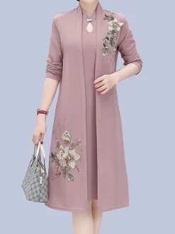 Women's Two Piece Dress Set Print Dress Outdoor Vacation Casual Print Midi Dress Stand Collar Long Sleeve Floral Loose Fit Pink Wine Blue Fall Winter XL XXL XXXL 4XL 5XL -Party Prom Dresses Sales Store meciwl1676524731516