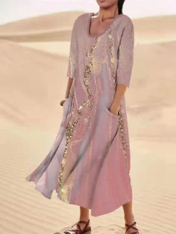 Women's Casual Dress Cotton Linen Dress Midi Dress Polyester Fashion Casual Daily Outdoor Daily Vacation Crew Neck Pocket Print Half Sleeve Summer Spring Fall 2023 Loose Fit Light Pink Pink Navy Blue -Party Prom Dresses Sales Store mehwzp1690365477507