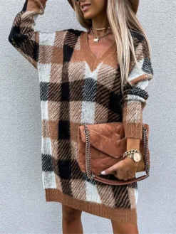 Women's Sweater Dress Winter Dress Jumper Dress Mini Dress Fashion Plaid Daily Date Going Out Weekend V Neck Long Sleeve Patchwork 2023 Regular Fit Khaki S M L XL 10 Women's Sweater Dress Winter Dress Jumper Dress Mini Dress Fashion Plaid Daily Date Going Out Weekend V Neck Long Sleeve Patchwork 2023 Regular Fit Khaki S M L XL -Party Prom Dresses Sales Store mekjhj1694591720934