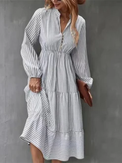 Women's Casual Dress Cotton Linen Dress Swing Dress Midi Dress Polyester Fashion Modern Outdoor Daily Vacation Split Neck Ruffle Button Long Sleeve Fall Winter Autumn 2023 Regular Fit Light Green