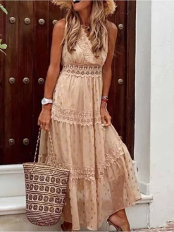 Women's Party Dress Lace Dress Swing Dress Long Dress Maxi Dress White Yellow Pink Sleeveless Polka Dot Lace Summer Spring V Neck Vacation Regular Fit 2023 S M L XL XXL -Party Prom Dresses Sales Store meweas1627891711845