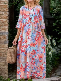 Women's Casual Dress Cotton Linen Dress Swing Dress Midi Dress Linen / Cotton Blend Sweet Style Modern Outdoor Daily Holiday Crew Neck Print 3/4 Length Sleeve Fall Winter Autumn 2023 Loose Fit Yellow