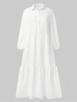 Women's Work Dress Satin Dress Swing Dress Fashion Midi Dress Ruffle Button Shirt Collar Long Sleeve Plain Loose Fit White Fall Winter S M L XL XXL -Party Prom Dresses Sales Store mfbsuy1693299608228