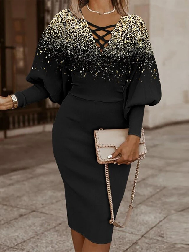 Women's Christmas Casual Dress Bodycon Sheath Dress Mini Dress Black And White Black Khaki Long Sleeve Geometric Patchwork Winter Fall Autumn V Neck Modern 2022 S M L XL XXL 6 Women's Christmas Casual Dress Bodycon Sheath Dress Mini Dress Black And White Black Khaki Long Sleeve Geometric Patchwork Winter Fall Autumn V Neck Modern 2022 S M L XL XXL - Image 6