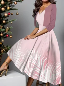 Women's Two Piece Dress Set Casual Dress Swing Dress Outdoor Daily Fashion Elegant Print Midi Dress V Neck Half Sleeve Leaf Regular Fit Pink Blue Green Fall Winter S M L XL XXL