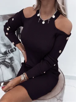 Women's Sweater Dress Jumper Dress Casual Dress Mini Dress Active Pure Color Outdoor Casual Holiday Vacation Crew Neck Long Sleeve Button 2023 Regular Fit Black Red Blue S M L XL XXL 3XL -Party Prom Dresses Sales Store mgfkxi1693535020226