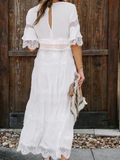 Women's Party Dress Lace Dress White Dress Midi Dress Black Pink White Half Sleeve Pure Color Lace Spring Summer V Neck S M L XL XXL -Party Prom Dresses Sales Store minnjl1635477856690