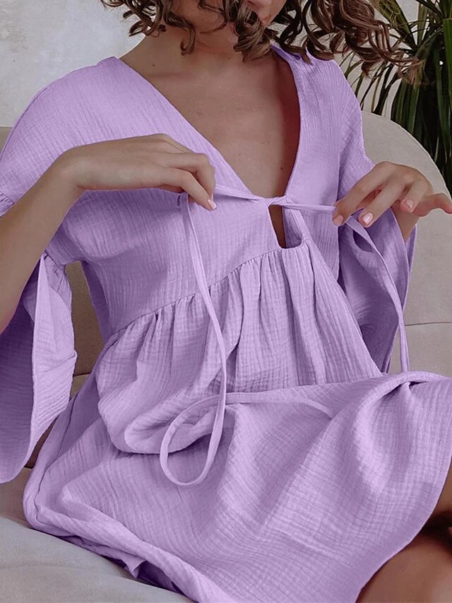 Women's Casual Dress Cotton Dress Swing Dress Mini Dress Cotton Fashion Modern Outdoor Daily Holiday V Neck Lace Up Ruched 3/4 Length Sleeve Fall Winter Autumn 2023 Loose Fit Light Green Blue Purple 8 Women's Casual Dress Cotton Dress Swing Dress Mini Dress Cotton Fashion Modern Outdoor Daily Holiday V Neck Lace Up Ruched 3/4 Length Sleeve Fall Winter Autumn 2023 Loose Fit Light Green Blue Purple - Image 8