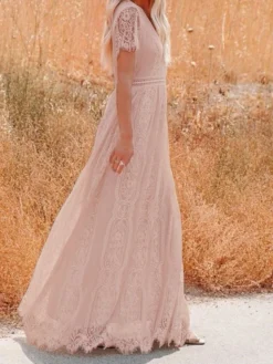 Women's Party Dress Lace Dress White Dress Long Dress Maxi Dress White Pink Half Sleeve Pure Color Lace Summer Spring Fall V Neck Gothic Party Spring Dress 2022 S M L XL XXL -Party Prom Dresses Sales Store mjgqdd1646820794981