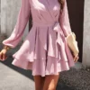 Women's Party Dress Cocktail Dress Wedding Guest Dress Mini Dress Black Pink Wine Long Sleeve Pure Color Lace Up Fall Winter Autumn V Neck Fashion Winter Dress Wedding Guest Vacation 2023 S M L XL