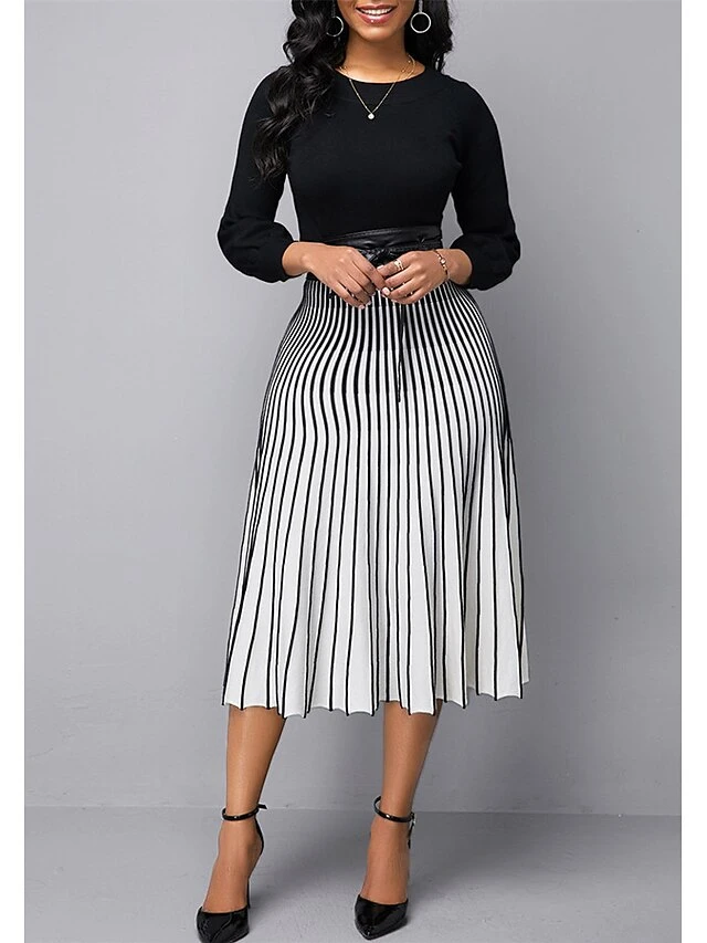 Women's A Line Dress Modern Dress Church Dress Midi Dress Black Long Sleeve Striped Patchwork Summer Spring Crew Neck Elegant Winter Dress Fall Dress 2023 S M L XL 2XL 3XL 4XL 5XL 1 Women's A Line Dress Modern Dress Church Dress Midi Dress Black Long Sleeve Striped Patchwork Summer Spring Crew Neck Elegant Winter Dress Fall Dress 2023 S M L XL 2XL 3XL 4XL 5XL