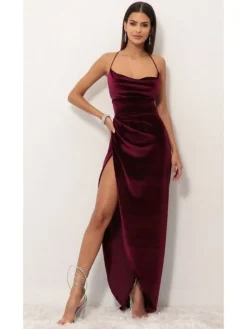 Women‘s Party Dress Wedding Guest Dress Velvet Dress Red Long Dress Maxi Dress Purple Red Wine Sleeveless Pure Color Lace Up Split Velvet Spring Summer Spaghetti Strap Elegant Sexy Slim S M L XL XXL