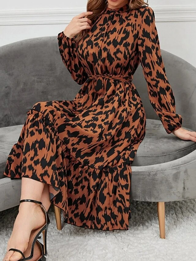 Women's Work Dress Casual Dress Semi Formal Dress Fashion Office Daily Midi Dress Lace Up Ruffle Stand Collar Long Sleeve Leopard Loose Fit Orange Apricot Fall Winter S M L XL 6 Women's Work Dress Casual Dress Semi Formal Dress Fashion Office Daily Midi Dress Lace Up Ruffle Stand Collar Long Sleeve Leopard Loose Fit Orange Apricot Fall Winter S M L XL - Image 6
