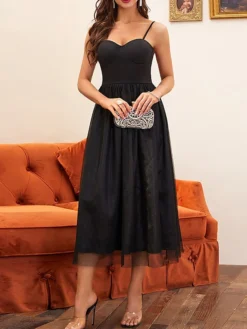 Women's Party Dress Sheath Dress Black Dress Midi Dress Black Sleeveless Pure Color Mesh Fall Winter Autumn Spaghetti Strap Fashion Evening Party Vacation 2023 S M L -Party Prom Dresses Sales Store mkhfvb1697531871375