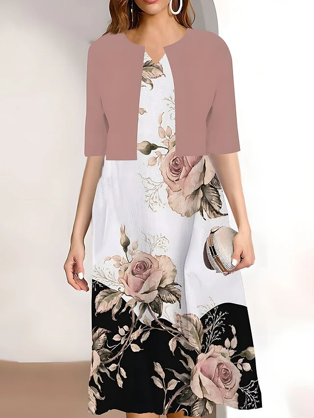 Women's Two Piece Dress Set Casual Dress Print Dress Outdoor Daily Fashion Elegant Print Midi Dress V Neck Half Sleeve Floral Print Regular Fit Pink Navy Blue Sky Blue Summer Spring S M L XL XXL 3 Women's Two Piece Dress Set Casual Dress Print Dress Outdoor Daily Fashion Elegant Print Midi Dress V Neck Half Sleeve Floral Print Regular Fit Pink Navy Blue Sky Blue Summer Spring S M L XL XXL - Image 3