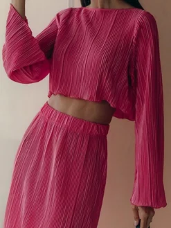 Women's Two Piece Dress Set Casual Dress Skirt Set Outdoor Daily Fashion Streetwear Pleated Midi Dress Crew Neck Long Sleeve Plain Regular Fit Blue Green Rose Red Fall Winter S M L -Party Prom Dresses Sales Store mkpucj1693534953068