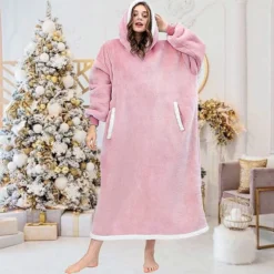 Women‘s Christmas Couple‘s Pajamas Nightgown Wearable Blanket Hoodie Blanket Pure Color Warm Comfort Oversized Home Daily Fleece Warm Hoodie Long Sleeve Pocket Winter Fall Pink Wine -Party Prom Dresses Sales Store mlayvm1668409805916