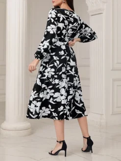Women's Work Dress Casual Dress Swing Dress Fashion Winter Dress Daily Midi Dress Ruched Print V Neck Long Sleeve Floral Loose Fit Black Fall Winter S M L XL -Party Prom Dresses Sales Store mlgcxm1695645235602