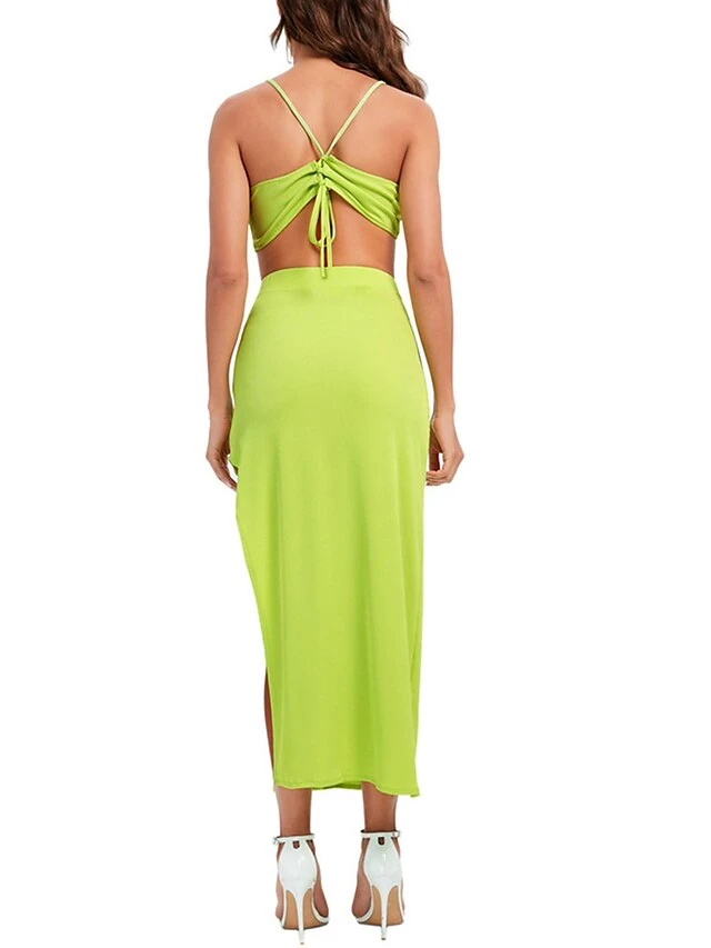 Women's Two Piece Dress Set Casual Dress Skirt Set Daily Holiday Sexy Casual Backless Drawstring Long Dress Maxi Dress Halter Neck Sleeveless Plain Slim Purple Orange Green Summer S M L 6 Women's Two Piece Dress Set Casual Dress Skirt Set Daily Holiday Sexy Casual Backless Drawstring Long Dress Maxi Dress Halter Neck Sleeveless Plain Slim Purple Orange Green Summer S M L - Image 6