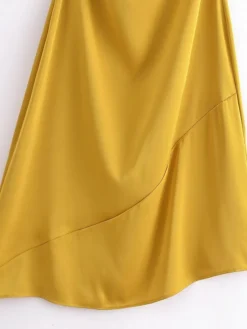 Women's Prom Dress Party Dress Satin Dress Midi Dress Yellow Pink Sleeveless Pure Color Ruched Fall Winter Autumn Spaghetti Strap Fashion Evening Party Vacation 2023 S M L -Party Prom Dresses Sales Store mmfzva1695268639963
