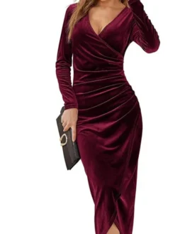 Women's Cocktail Party Dress Green Velvet Dress Black Dress Wedding Guest Dress Bodycon Midi Dress Purple Wine Dark Long Sleeve Pure Color Ruched Split V Neck -Party Prom Dresses Sales Store mmhkej1665293393921