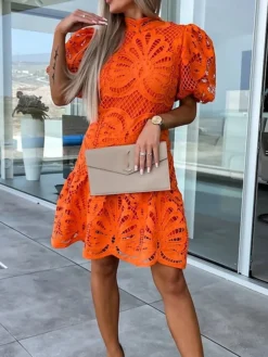 Women's Party Dress Lace Dress Cut Out Dress Mini Dress White Purple Fuchsia Short Sleeve Pure Color Lace Summer Spring Stand Collar Fashion Birthday Wedding Guest Vacation 2023 S M L XL -Party Prom Dresses Sales Store mmtouv1680508497428