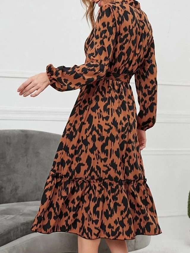 Women's Work Dress Casual Dress Semi Formal Dress Fashion Office Daily Midi Dress Lace Up Ruffle Stand Collar Long Sleeve Leopard Loose Fit Orange Apricot Fall Winter S M L XL 9 Women's Work Dress Casual Dress Semi Formal Dress Fashion Office Daily Midi Dress Lace Up Ruffle Stand Collar Long Sleeve Leopard Loose Fit Orange Apricot Fall Winter S M L XL - Image 9