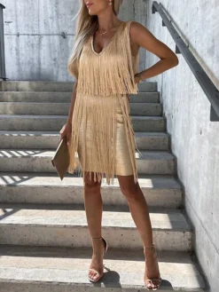 Women's Party Dress Fringe Dress Homecoming Dress Mini Dress Silver Black Gold Sleeveless Pure Color Tassel Fringe Fall Winter Autumn Spaghetti Strap Fashion Vacation 2023 S M L XL -Party Prom Dresses Sales Store mnngyb1694166357221