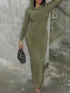 Women's Work Dress Casual Dress Sheath Dress Fashion Office Daily Long Dress Maxi Dress Ruched High Neck Long Sleeve Plain Regular Fit Black Purple Brown Spring Fall S M L