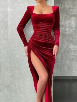 Women's Party Dress Wedding Wine Red Velvet Dress Midi Dress Blue Dark Green Dark Gray Black Long Sleeve Pure Color Ruched Split