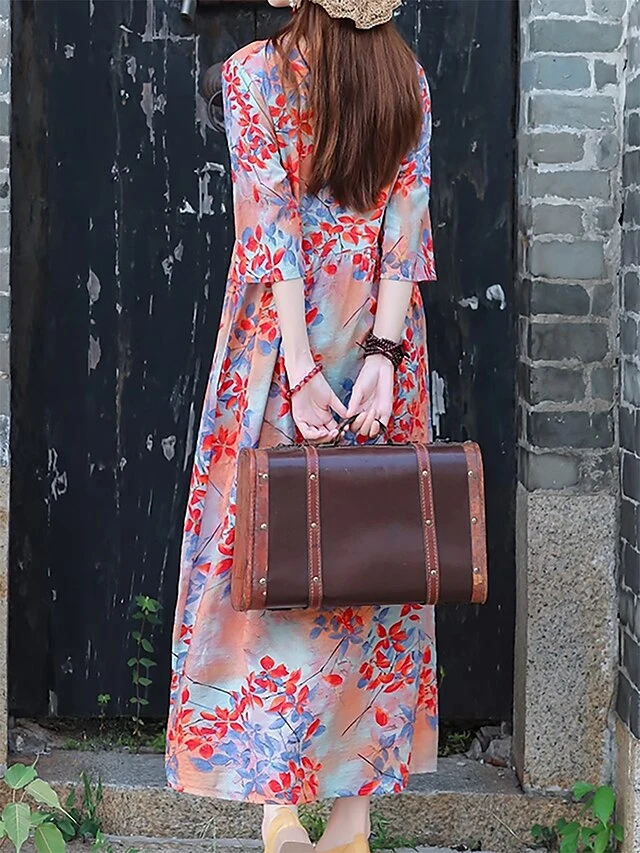 Women's Casual Dress Cotton Linen Dress Swing Dress Midi Dress Linen / Cotton Blend Sweet Style Modern Outdoor Daily Holiday Crew Neck Print 3/4 Length Sleeve Fall Winter Autumn 2023 Loose Fit Yellow 3 Women's Casual Dress Cotton Linen Dress Swing Dress Midi Dress Linen / Cotton Blend Sweet Style Modern Outdoor Daily Holiday Crew Neck Print 3/4 Length Sleeve Fall Winter Autumn 2023 Loose Fit Yellow - Image 3