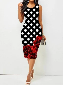 Women's Work Dress Sheath Dress Semi Formal Dress Fashion Midi Dress Print Crew Neck Sleeveless Polka Dot Color Block Regular Fit Yellow Summer Spring S M L XL XXL -Party Prom Dresses Sales Store modmoz1680487520537