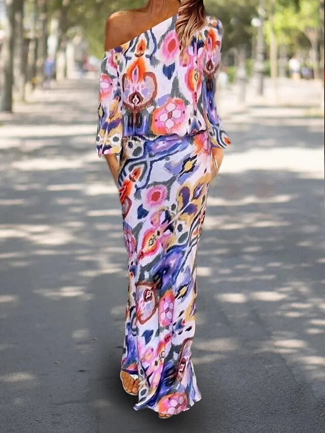 Women's Two Piece Dress Set Casual Dress Sheath Dress Outdoor Daily Fashion Streetwear Print Maxi Dress One Shoulder Long Sleeve Graphic Abstract Loose Fit Red Royal Blue Sky Blue Summer Spring S M L 2 Women's Two Piece Dress Set Casual Dress Sheath Dress Outdoor Daily Fashion Streetwear Print Maxi Dress One Shoulder Long Sleeve Graphic Abstract Loose Fit Red Royal Blue Sky Blue Summer Spring S M L - Image 2