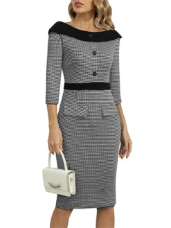 Women's Work Dress Sheath Dress Semi Formal Dress Fashion Midi Dress Button Pocket Crew Neck 3/4 Length Sleeve Houndstooth Regular Fit Black Fall Winter S M L XL