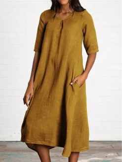 Women's Casual Dress Cotton Linen Dress Black Dress Midi Dress Linen / Cotton Blend Basic Classic Outdoor Daily Vacation V Neck Pocket Half Sleeve Summer Spring Fall 2023 Loose Fit ArmyGreen Black -Party Prom Dresses Sales Store moqtla1689437817456