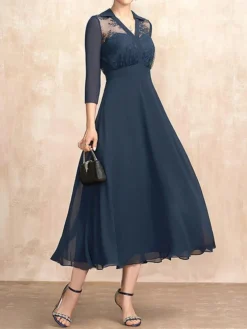 Women's Party Dress Lace Dress Cocktail Dress Midi Dress Dark Blue 3/4 Length Sleeve Pure Color Lace Fall Winter Autumn V Neck Fashion Christmas Wedding Guest Vacation 2023 S M L XL XXL 3XL -Party Prom Dresses Sales Store movdqc1696235675030