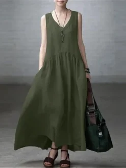 Women's Casual Dress Cotton Linen Dress A Line Dress Maxi Long Dress Cotton Blend Basic Modern Outdoor Daily V Neck Pocket Sleeveless Summer Spring 2023 Regular Fit ArmyGreen Black Yellow Pure Color -Party Prom Dresses Sales Store mowdbq1682427098230