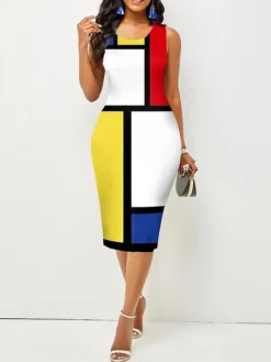 Women's Work Dress Sheath Dress Semi Formal Dress Fashion Midi Dress Print Crew Neck Sleeveless Polka Dot Color Block Regular Fit Yellow Summer Spring S M L XL XXL
