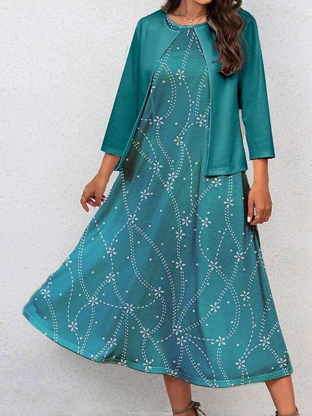 Women's Two Piece Dress Set Casual Dress Swing Dress Outdoor Office Fashion Streetwear Print Midi Dress Crew Neck 3/4 Length Sleeve Floral Regular Fit Wine Blue Fall Winter S M L XL XXL 4 Women's Two Piece Dress Set Casual Dress Swing Dress Outdoor Office Fashion Streetwear Print Midi Dress Crew Neck 3/4 Length Sleeve Floral Regular Fit Wine Blue Fall Winter S M L XL XXL - Image 4