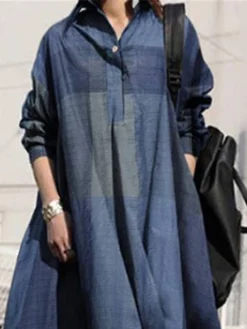 Women's Casual Dress Shirt Dress Linen Dress Long Dress Maxi Dress Blue Long Sleeve Geometric Button Winter Fall Spring Shirt Collar Fashion Daily 2023 S M L XL XXL 3XL 4XL 5XL -Party Prom Dresses Sales Store mpdjhj1671604319776